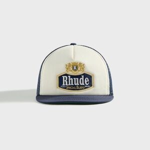 Rhude Special-Blend Trucker Cap SnapBack Hat Navy / Off-white Embroidered Logo
